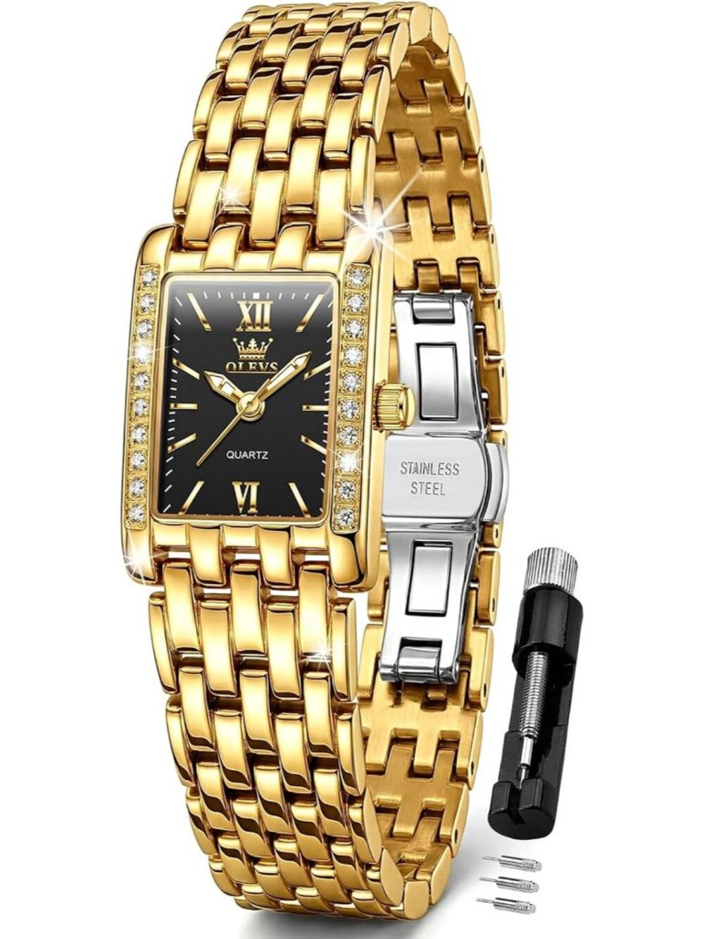 Womens Gold Band Black Dial Diamond Fashion Elegant Chronograph Wrist Watch